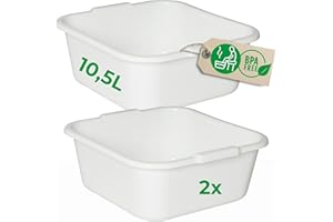 Novaliv Lot de 2 bassins à vaisselle carrés 10,5 l, 34 x 34 cm, blancs, sans BPA, passent au lave-vaisselle, idéaux pour la cuisine et le camping, la baignoire, grand bol en plastique, cuvette de