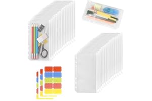 KATLINNA A6 Binder Taschen, 30 Stück Transparent PVC 6-Loch Bindertaschen mit Etikettenaufkleber, Wasserdicht Reißverschluss Ordner Geld Budget Umschläge für Notizbücher Einlegeseiten Loseblattbeutel