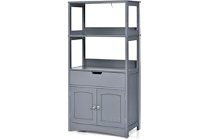 Multigot Kitchen Cupboard, Freestanding Wooden Floor Storage Cabinet with 3 Open Shelves, 1 Drawer and 2 Doors, Bathroom Hallway Storage Organizer Unit (Grey)