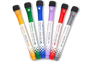 MAGNETIC INNOVATIONS Pack of 6 Fine Point Multi Coloured Magnetic Dry Wipe Whiteboard Pens with Eraser Cap