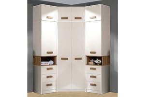 ‎MARMEX MEBLE Marmex Grant G14 - Eckschrank 143x235x143 cm, 2X, Bücherregal - Eckgarderobe mit Kleiderstangen und Einlegeböden für das Jugendzimmer, Schlafzimmer - Eckkleiderschrank - weiß + Riviera Eiche