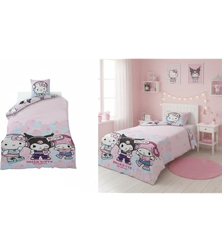 Halantex Set Copripiumino Hello Kitty & Amici – 140x200 Cm + Federa 70x90 Cm, Reversibile, 100% Poliestere, Certificato Oeko-Tex