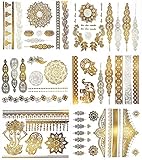 🍒TOLLE DESIGNS - Die Packung enthält 6 Tattoobögen mit über 75 schimmernden Tätowierung in Gold und Silber. Die Stile reichen von Boho, Blumen, und Henna bis hin zu geometrischen Tattoo-Designs.
