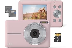Camnoon 1080P 44 MP Digitalkamera Camcorder Autofokus 2,5 IPS-Bildschirm 16X Digitalzoom Anti-Shake-Gesichtserkennung, Lächelnerfassung mit 32 GB TF-Karte 2 Batterien, Geschenk für Kinder (Rosa)