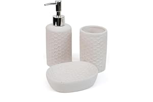 THE SECRET HOME - Set de Baño de 3 Piezas - Conjunto de Acessorios para Aseo de Diseño Moderno - Juego de Baño con Dispensador de Jabón, Vaso y Jabonera (Modelo 3 - Blanco)