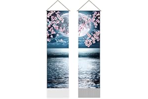 AHANDMAKER 2Pcs Japanese Anime Scenery Tapestry, Ocean Moon Cherry Blossom Vertical Wall Art, Wall Decor for Living Room (45.7x13 Inch)