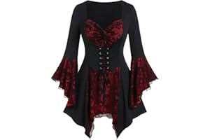 RIKAY Women Gothic Steampunk Tops 3/4 Batwing Sleeve Victorian Renaissance Blouses Flowy Corset Tops Lace Up Medieval Renaissance Corset Cosplay Party Elegant Hallowee Costums Vests