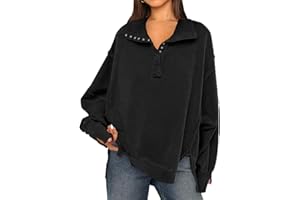 OLIPHEE Sweatshirt Femme Sweat Patchwork Grand Col V avec Boutons Pull Vintage Grande Taille Sweat Femme sans Capuche Col Roulé Manches Longues Sweat Oversize Femme Casual Sportwear