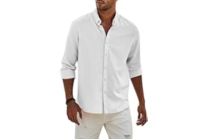 APOONABA Camisa Lino Hombre Manga Larga Color Sólido Shirts Casual Algodón Camisetas Elegante Coton Camisas con Botónes Regular Fit