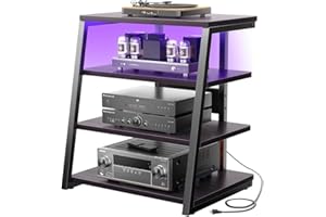 iSunirm HiFi Stand, AV Media Stand with Outlets, 4-Tier Media Console with LED Lights, Record Player Stand With Storage Shelves, Stereo Racks and Stands Media Audio Tower Cabinet, Black