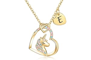 TINGN Cadeau pour les Filles Collier Licorne, Plaqué Or 14 Carats CZ Pendentif de Cœur Licorne Collier pour Fille Cadeau Licorne Or Initiale Licorne pour Femme Cadeau d'anniversaire pour Fille Bijoux