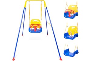 VNIERXFUL 3-in-1 Toddler Swing Set with Foldable Metal Stand, Indoor Outdoor Hammock Frame, Kids Backyard Swing Equipped with 4 sandbags to prevent sideways tipping