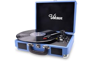 Tocadiscos Bluetooth Vinilo, VOKSUN Reproductor de Vinilo Tocadiscos Vintage con Altavoces Incorporadas, 3 Velocidades 33/45/78 RPM, Grabación de Vinilo a USB, Salida RCA/Aux (Azul)