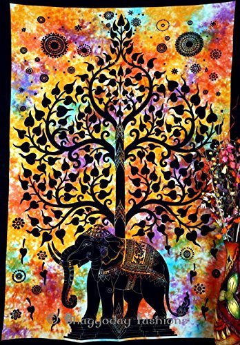 Indian Psychedelic Celestial Elephant Tree Of Life Tapestry ,Good Luck Hand Tie Dye Elephant Tapestry , Hippie Gypsy Wall Hanging , Bhoemain Bed Spread Tapestries , New Age Dorm Tapestry, Bohemain Dorm Decor Elephant Tapestry, - 2