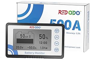 Redodo 500A Batteria Monitor con Shunt, Misuratore di Tensione della Batteria con Intervallo 8V~120V, Cavo Schermato da 20 Piedi, Compatibile con Batterie al Gel, al Piombo e LiFePO4