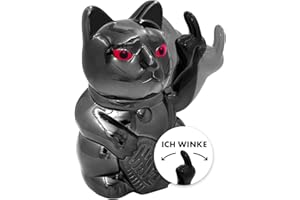 ANGRY CAT - Gatto fortuna Lucky Cat - Divertente gatto giapponese che saluta con dito medio puzzolente - Figura statuetta statua idea di regalo con braccio ondeggiante - nero lucido, 15cm