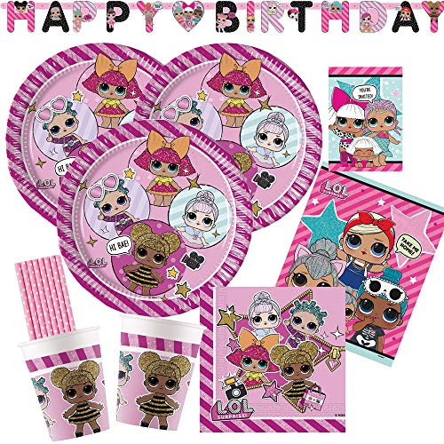 spielum 61-teiliges Party-Set L.O.L. Surprise - Teller Pappbecher Servietten Einladungen Girlande Geschenktüten Trinkhalme für 8 Kinder