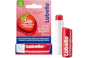 LABELLO Strawberry Shine (1 x 5,5 ml), Baume à lèvres enrichi en huiles naturelles et vitamines C & E, Soin des lèvres Hydratation longue durée pendant 24H