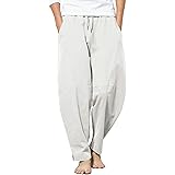 JINIDU Men's Cotton Linen Yoga Pants Drawstring Elastic Waist Baggy Harem Pant