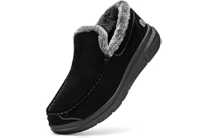 FitVille Mens Winter Slippers Extra Wide Fit Diabetic Shoes Warm Fluffy Slip On Shoes Fur Lined Moccasin House Slippers for Plantar Fasciitis Indoor & Outdoor