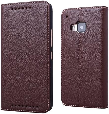 HTC One M9 Phone Premium Luxury Genuine Real Leather Wallet Flip Case Cover Holder Brown+Screen Protector (HTC 1 One [M9], Brown)