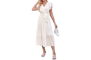 Adigaber Damen Bohemian Tunika Kleid Wickelkleid Sommerkleider Vintage Strandtunika V-Ausschnitt Rüschen Kurzarm Fließend Maxikleid mit Gürtel