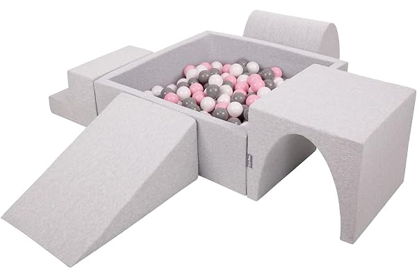 KiddyMoon Aire De Jeux en Mousse avec Carré Piscine À Balles (300 Balles) pour Enfants, Gris Clair: Blanc/Gris/Rose Poudré