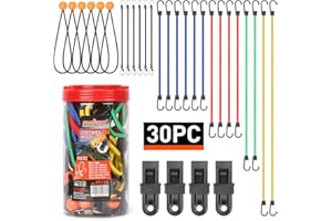 HORUSDY 30-Piece Premium Bungee Cords Assortment Jar,Includes 10”,18”,24”,32”,40” Bungee Cords, 8”Canopy/Tarp Ball Ties and Crocodile Mouth Tarp Clips
