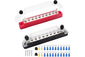 SELLINER 12V Bus Bar Marine 2 x 1/4" (M6) Terminal Studs,8 x M4 (#8) Terminal Screws,12V Power Distribution Block with Cover and Ring Terminals, Battery Bus Bar for Car and Boat (Black+Red)