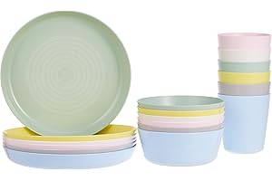 Ikea Kalas Lot de 36 pièces de vaisselle en plastique sans BPA pour enfants et bébés, incluant des assiettes, des bols et des verres multicolores