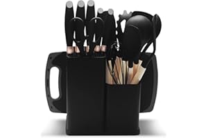 QINYOULHAUSE Set Utensili da Cucina in Silicone 19 Pezzi Include Set Coltelli da Cucina 5 Pezzi 12 Utensili in Silicone 1 Forbice Tagliere e Portacoltelli per Pentole Antiaderenti