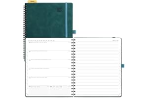 POPRUN Academic 2024-2025 Diary Week to View Large Spiral Bound PU Leather Soft Cover 26.5 x 21.5 cm - 24/25 Mid Year Weekly Planner & Notebook in One, Monthly Tab (Peotrol Green)