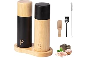 Foyucool Juego de Molinillo Pimienta Madera con Bandeja, 2 Molinillo Especias Manual, Grueso Ajustable, Rotor de Cerámica para Moler, para Chile, Lila, Pimienta, Sal, 7 Pulgadas, (Madera Negra)
