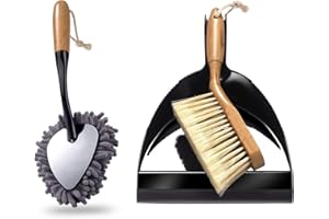 Masthome Schaufel und Besen Set, Bambus Handfeger mit Kehrschaufel Set,Kehrwisch und Schaufel Set mit Chenille Staubwischer für Haushalt und Büro
