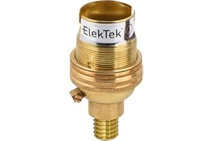 ElekTek Unswitched Lamp Holder Brass B22 BC Bayonet Cap & Shade Ring with CNC Solid Brass 7/16th Screw-in Wood Mount - Made in UK