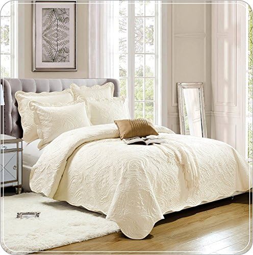 Supreme Bedding 3 Piece Embroidered Quilted Cream, Double (220 x 230 CM) Bedspread | Bedding Set for Bedroom | Quilted Comforter Set for Christmas and Valentine Day Including Pair of Matching Pillow Shams