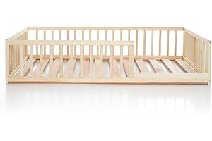 HomeForDreams Toddler Floor Bed: Montessori Inspired Eco-Friendly Design Wooden with Round Rails and Strips (200 x 140 cm)