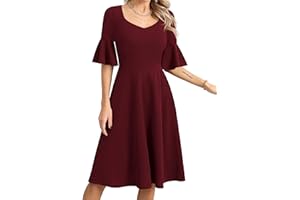 Missufe Damska sukienka koktajlowa z dekoltem w serek, falbanki, półrękawy, rockabilly, swing, na wesele, imprezę, suknia wieczorowa