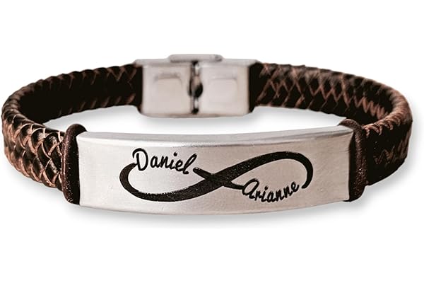 Pulsera de cuero personalizada con los nombres insertados en un infinito. Regalos de San Valentín. Regalos para enamorados. (Marrón)