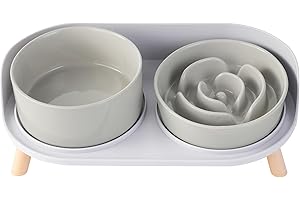 PTOBER Elevated Slow Feeder Dog Bowls - Slow Down Dog Food Bowl with Dog Water Bowl Combo Pack - Raised Ceramic Dog Bowl Set with Anti-Slip Stand - Fun Maze Pet Feeding Dishes for Small and Medium Sized Dogs