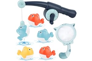 TALIFOCA Giocattolo da bagno per bambini a partire da 1 2 3 anni, giocattolo da bagno per bambini con 5 giocattoli da bagno sollevabili, gioco da pesca con rete da pesca, giocattolo galleggiante per vasca da