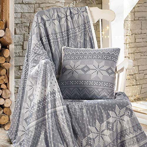 Dreamscene Nordic Fleece Throw, Grey-150 x 200cm, 100% Brushed Microfibre Sherpa, White, Large - 150