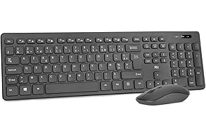 Rii RK200 Ensemble Clavier Souris sans Fil bureautique Clavier de Bureau 2.40Ghz AZERTY(Version Française) avec Taille Complète 104 Touches