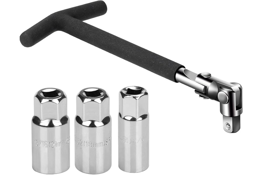 Sukudon Universal 16mm 18mm 21mm Spark Plug Wrench Set, 4-Piece T-Handle 1/2" Drive Spark Plug Socket Tool Kit for Car, Motorcycle, ATV, Lawn Mower, Made of Chrome Vanadium Steel