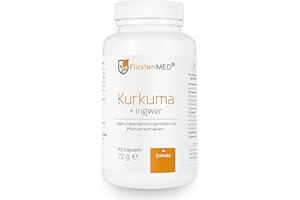 ‎FÜRSTENMED FürstenMED® Kurkuma + Ingwer + Piperin Kapseln Hochdosiert - 90 Vegane Kapseln mit 1200mg Curcuma Extrakt - Vegan, Laborgeprüft und Ohne Zusatzstoffe