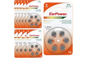 Piles Auditives EarPower 13 (Lot de 10 Plaquettes de 6 Piles) | Piles pour Appareils Auditifs/Aides Auditives | sans Mercure