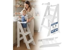 ‎BELLABINO Bellabino Tay Lernturm ab 1 Jahr – Learning Tower 2-Fach höhenverstellbar & klappbar – Lernstuhl in Weiß für Kinder – Montessori Stehturm aus Birkenholz – sicherer Tritthocker mit Kippschutz