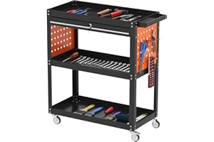 Vocpy 3-Tier Rolling Tool Cart, 76 * 35 * 70cm Heavy Duty Tool Trolley, Metal Tool Cart with large Lockable Drawer and Rack, Work Trolley for Transport Tools, Load Capacity 200KG