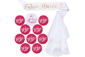 FLOFIA Kit de Accessoire Enterrement de Vie de Jeune Fille 1pcs Voile de Mariage Blanc avec Peigne + 1pcs Écharpe + 1pcs Badge “Future Mariée” + 9pcs Badge “EVJF” Déguisements Décoration pour Fête Soirée