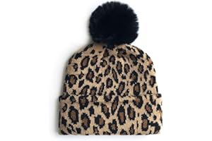 LUMOONY MoonyLI Enfants Hiver tricoté Chapeaux léopard imprimé à Revers Bonnet Boule de Fourrure Pom Pom Casquette Unisexe Enfants Bonnet Chapeau Casquette Chaud Chapeaux d'hiver